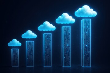 Digital cloud growth chart with neon blue data towers