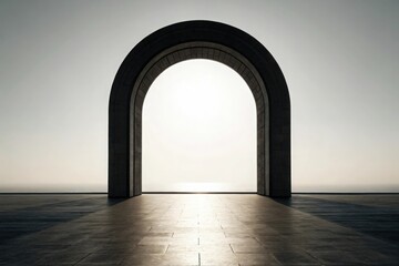 Stone archway on tiled plaza with sunlit horizon and long shadows, blending symmetry, minimalism, and serene architectural elegance