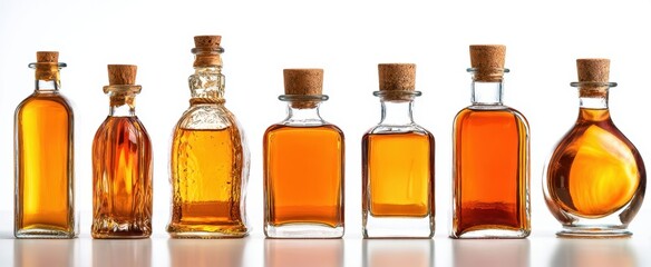 The Glass Bottles of Amber Liquor Arranged in a Row on White Background