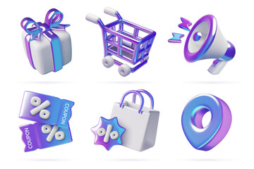 Shopping and e-commerce 3d icons set. Holographic gradient sale coupons, shopping cart, paper bag, gift box, megaphone and location pin realistic vector illustrations isolated on white background. 