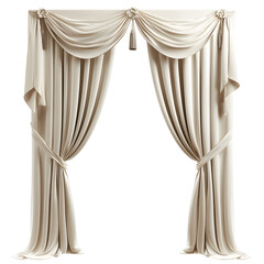 Elegant beige draped curtains with decorative tassels and tiebacks isolated on transparent background