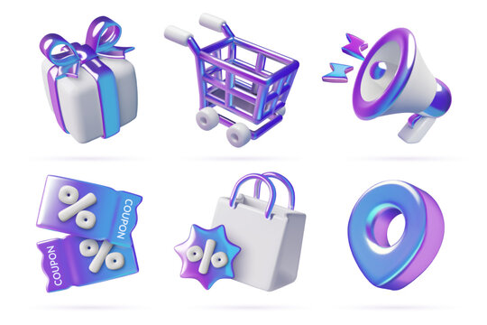 Shopping and e-commerce 3d icons set. Holographic gradient sale coupons, shopping cart, paper bag, gift box, megaphone and location pin realistic vector illustrations isolated on white background. 