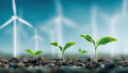 Growing plants, wind turbines, clear sky