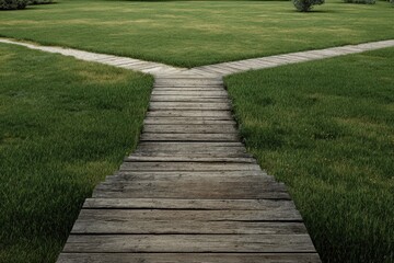 Wooden path diverging in a grassy field