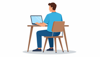 Man sitting at desk, working on a laptop with a blank screen, viewed from behind.