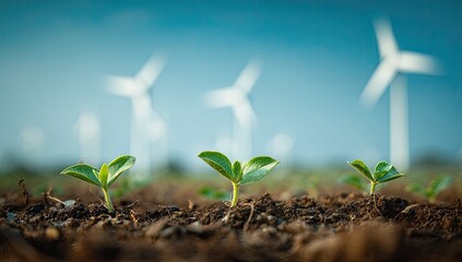 Green sprouts emerging from fertile earth, wind turbines in the background