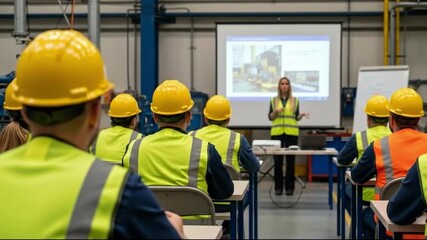 Instructor teaching a group of workers wearing hard hats and safety vests in a classroom setting with a projector screen