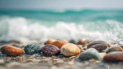 Pebbles on a sandy beach, ocean waves
