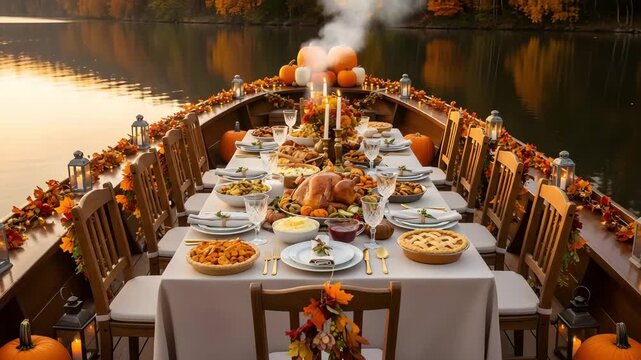 Thanksgiving dinner table set on a boat decorated with pumpkins and fall foliage