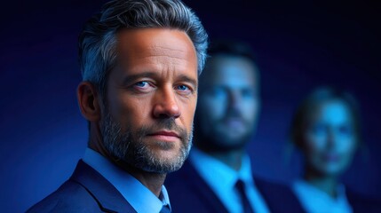 A sharp portrait of a businessman with his team, conveying determination and success.