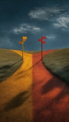 A vibrant path of choice branches into two colorful directions, marked by yellow and red signs against a dramatic sky.
