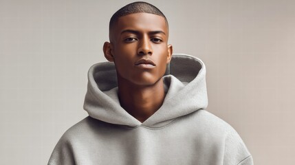 This portrait features a young black man looking at the camera, wearing a hoodie.