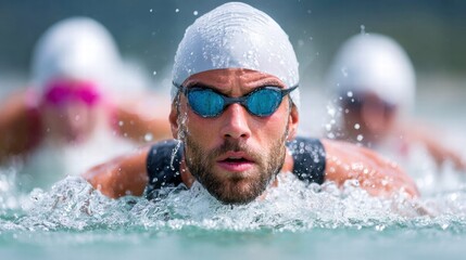 A determined swimmer with goggles and cap powering through the water during a race.