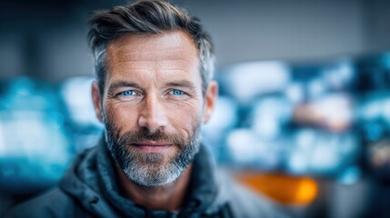 This portrait shows a handsome man with blue eyes and a well-kept beard, looking directly at the viewer.