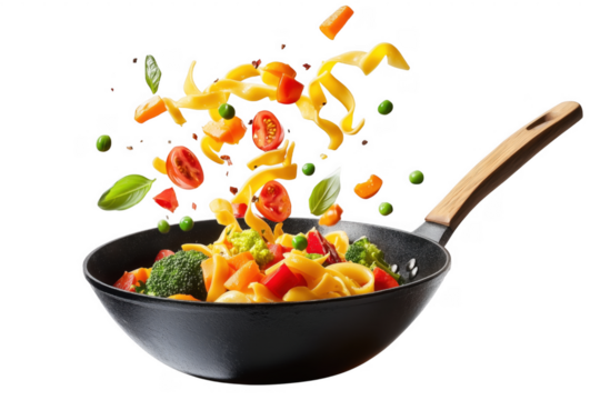 Vibrant pasta dish with fresh vegetables tossed in a black wok isolated on transparent background