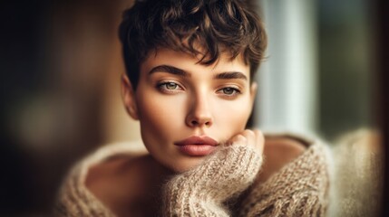 A stunning woman with captivating eyes and a serene expression in a close-up portrait
