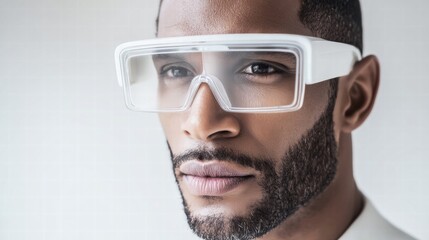 Handsome black man wearing futuristic glasses looking straight into the camera