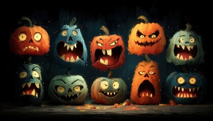 Fototapeta premium Jack-o'-lantern pumpkin face collection, spooky and funny expressions