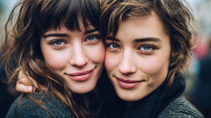 Two smiling women share a close embrace and look into the camera.