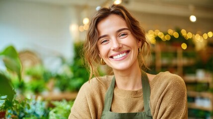 A smiling woman in a flower shop, radiating joy and happiness in a natural setting.