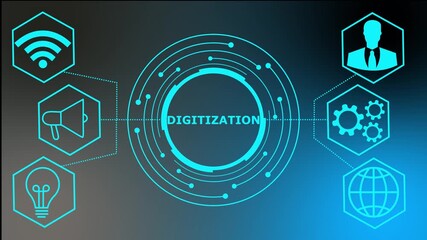 Global digitization and technology abstract animation with interactive financial and business icons. business technology virtual screen background. performance metrics, and business 4K.. - Powered by Adobe