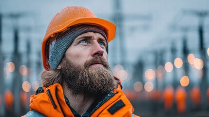 Focused construction worker in an orange hard hat looking up at the sky with deep thought.