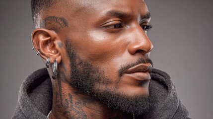 A striking portrait of a black man, his profile revealed, adorned with tattoos and stylish earrings.