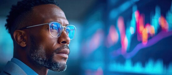 An african american businessman studies stock market graphs, looking for potential opportunities.