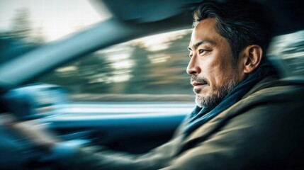 A mature Asian man drives a car, captured in a moment of motion and focus.