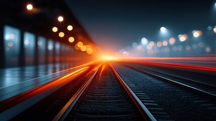 Fototapeta premium Dynamic Train Station Scene with Blurry Lights and Tracks at Night Capturing Motion and Energy