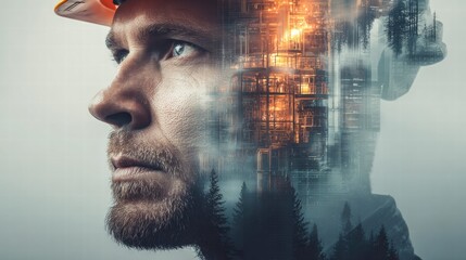 The image presents a powerful portrait of a man merged with an industrial scene.