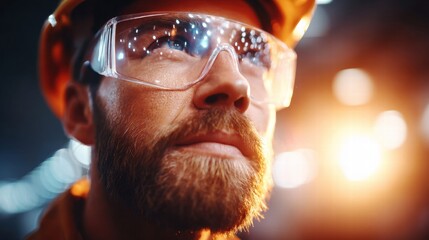 A construction worker with safety glasses looks up with a determined expression.
