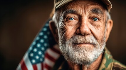 A close-up portrait of an American veteran with the US flag in the background.