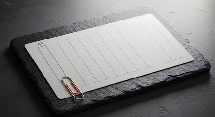 Blank A4 paper on a dark slate board with a paperclip