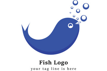 Blue Fish Logo with Bubbles | Minimal Vector Design EPS PNG