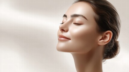 Close-up portrait of a beautiful woman with glowing skin, eyes closed, in a moment of serenity.