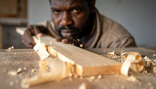 Focused woodworker meticulously shaping a plank