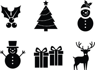 Christmas silhouette icons, holly, snowman, reindeer, gift boxes, winter holiday vector set, festive decoration elements, black isolated symbols, seasonal clipart
