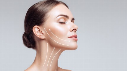 Beautiful woman with arrows representing a facelift procedure, showing a profile view.