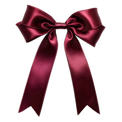 A shiny deep red satin ribbon bow with jagged edges isolated on transparent background