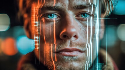 Intriguing portrait of a man with data lines, evoking a futuristic digital concept.
