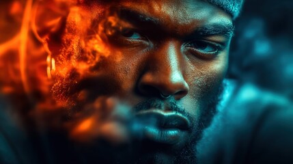 A striking portrait of a man bathed in dramatic orange and blue light, with a serious expression.