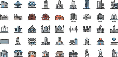 Collection of business and residential building line icons. Vector illustration set for real estate and urban development projects