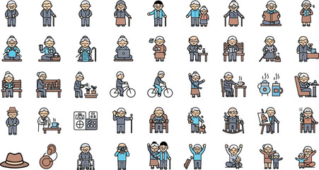Diverse Senior Citizens Activities Icons Vector Illustrations