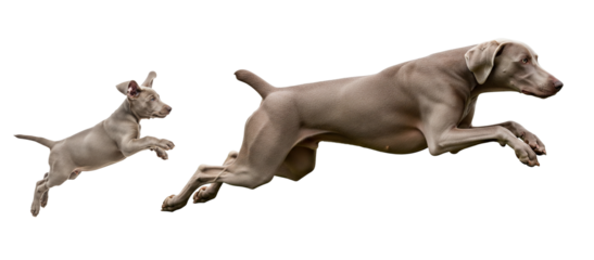 A lively Weimaraner puppy and an adult dog are pictured in mid-air, joyfully leaping together. The pure excitement of their jump showcases their playful bond and energy.