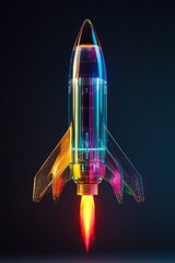 Futuristic rocket illustration with vibrant colors and glowing details, launching into space, showcasing advanced technology and innovation in aerospace design and exploration