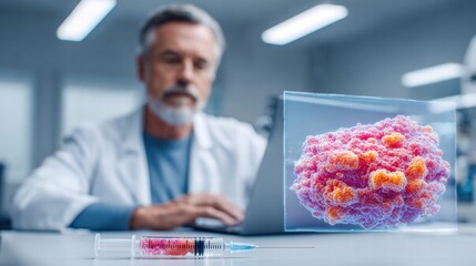 A scientist examines a virus with a syringe in the foreground, symbolizing research.