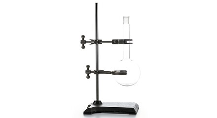 A laboratory setup featuring a round-bottom flask clamped to a retort stand against a white background.