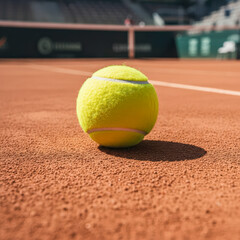 Tennis ball on the clay baseline, photorealistic sports photography, cinematic focus, showcasing detail, tension, and the excitement of competitive professional tennis matches. 