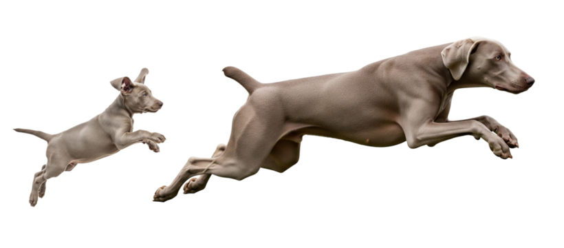 A lively Weimaraner puppy and an adult dog are pictured in mid-air, joyfully leaping together. The pure excitement of their jump showcases their playful bond and energy.